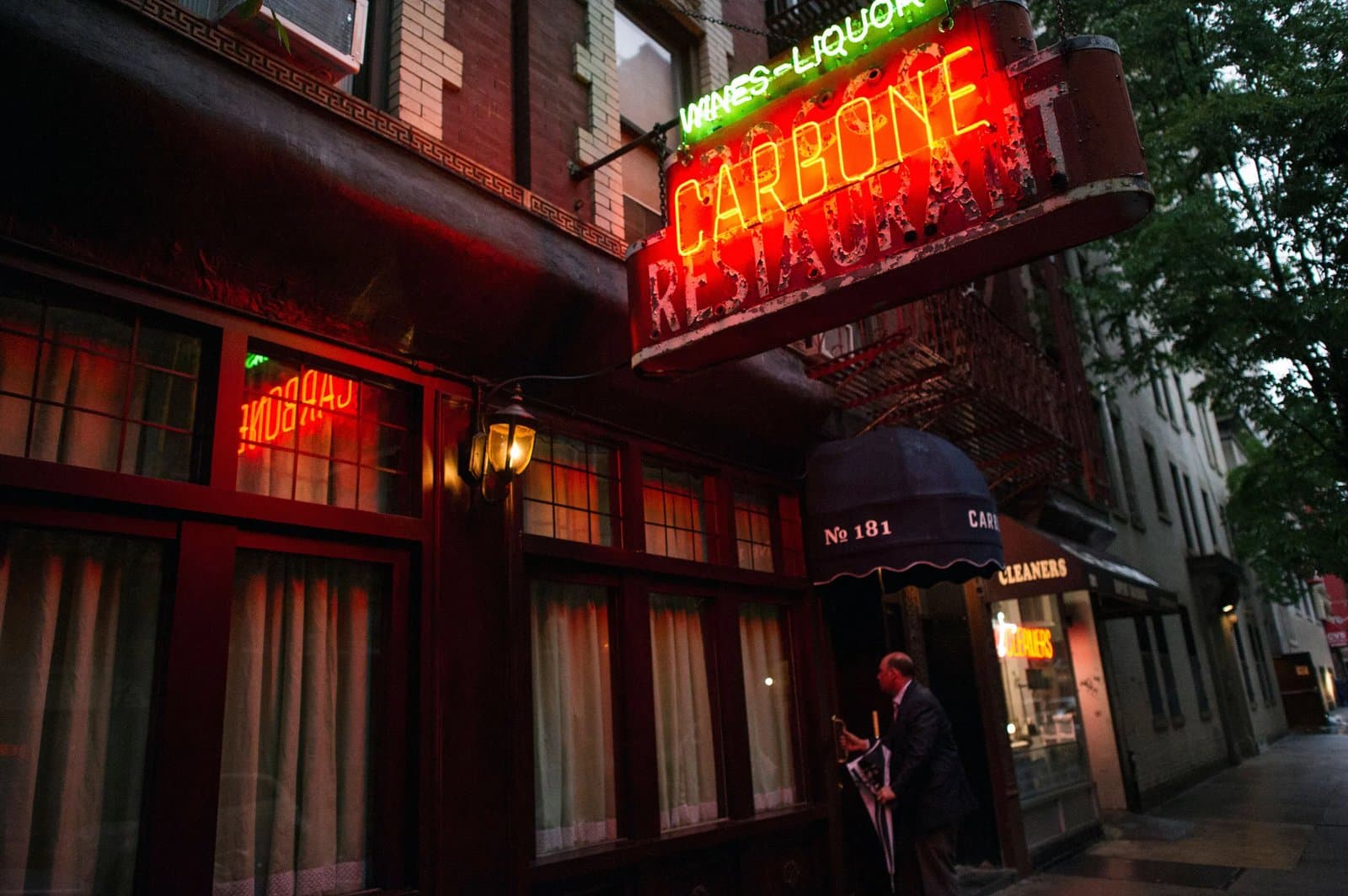 Front of Carbone Restaurant with glowing sign